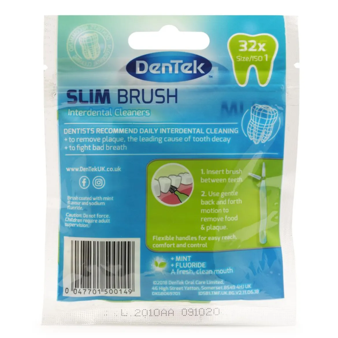 Dentek Slim Brush Fine Rager met Mint- en Fluoridecoating ISO 1 (0,45mm) | 32 stuks